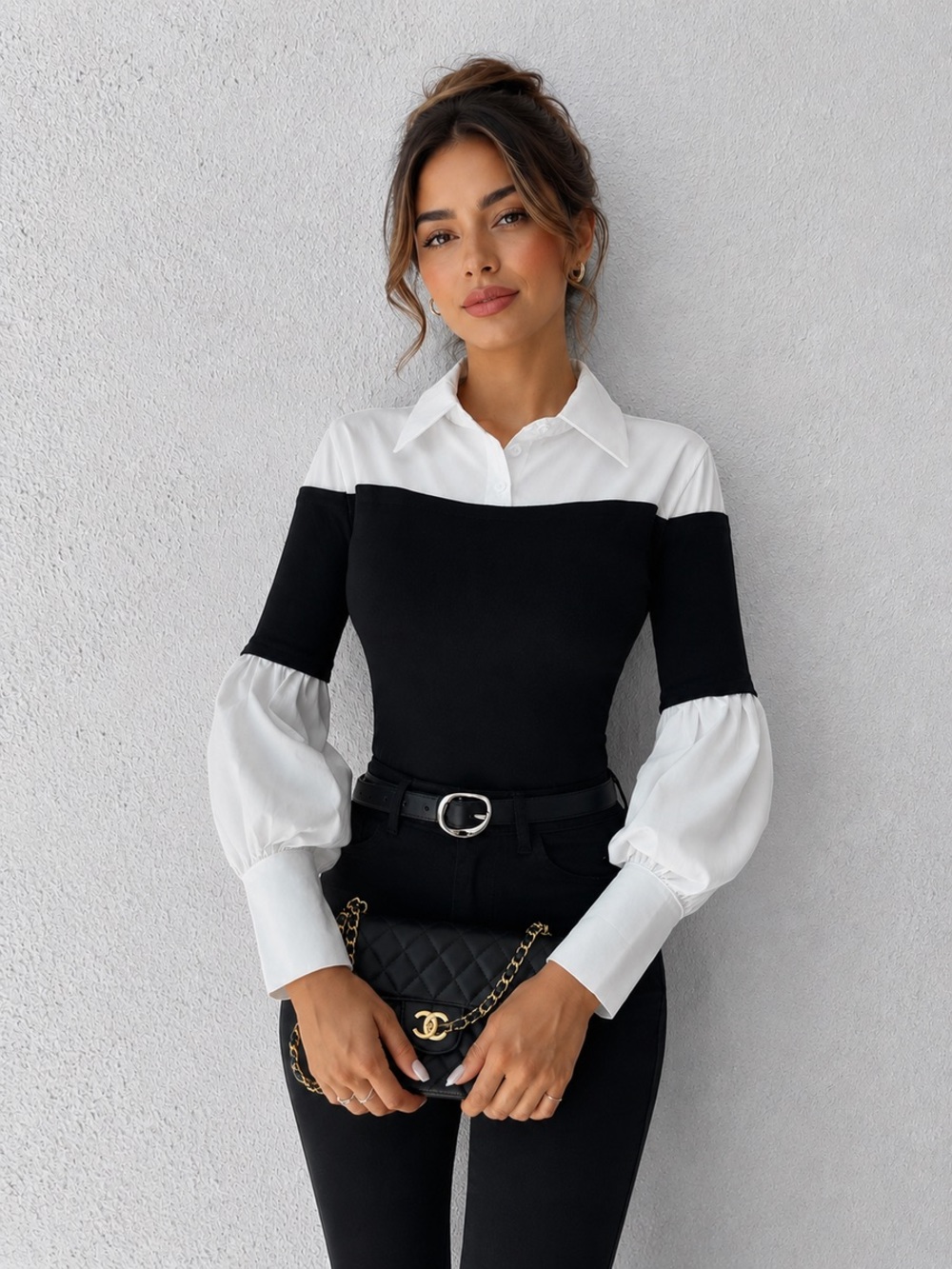 Commense Color Block Skinny Lapel Top